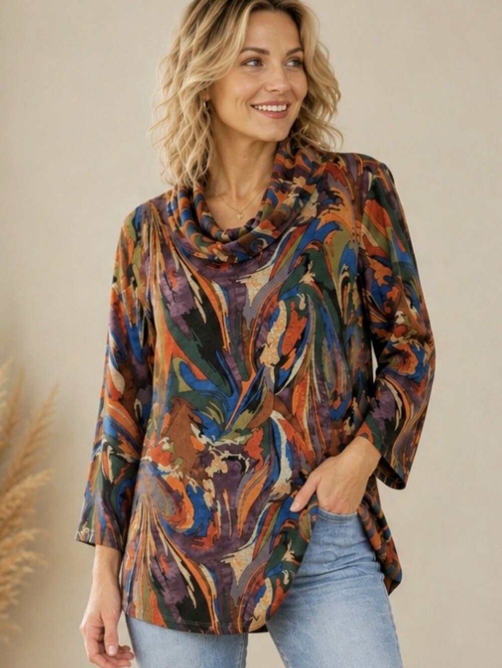 Allie Miles 1X Abstract Art Print Cowl Neck Stretch Sweater Tunic Boho Artsy